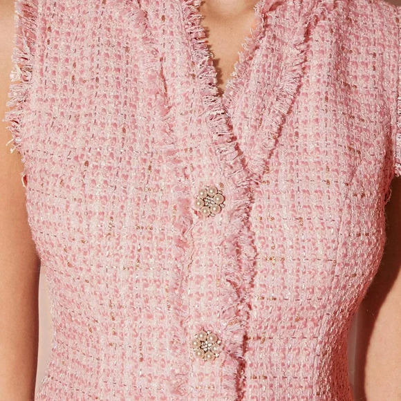 Baby Pink Elegant Women's V-Neck Ruffle Hem Sleeveless Tweed Dress - Picture 3 of 8